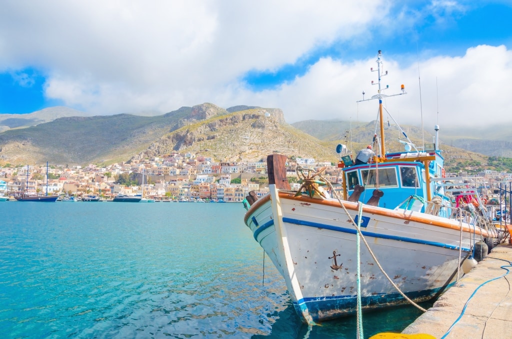 boot haven kos stad kos griekenland Boot in de haven van Kos-Stad op Kos, Griekenland