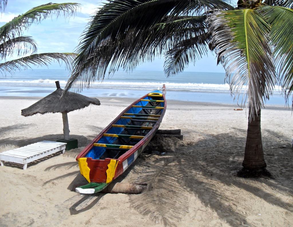 Boot onder een palmboom op het strand in Gambia