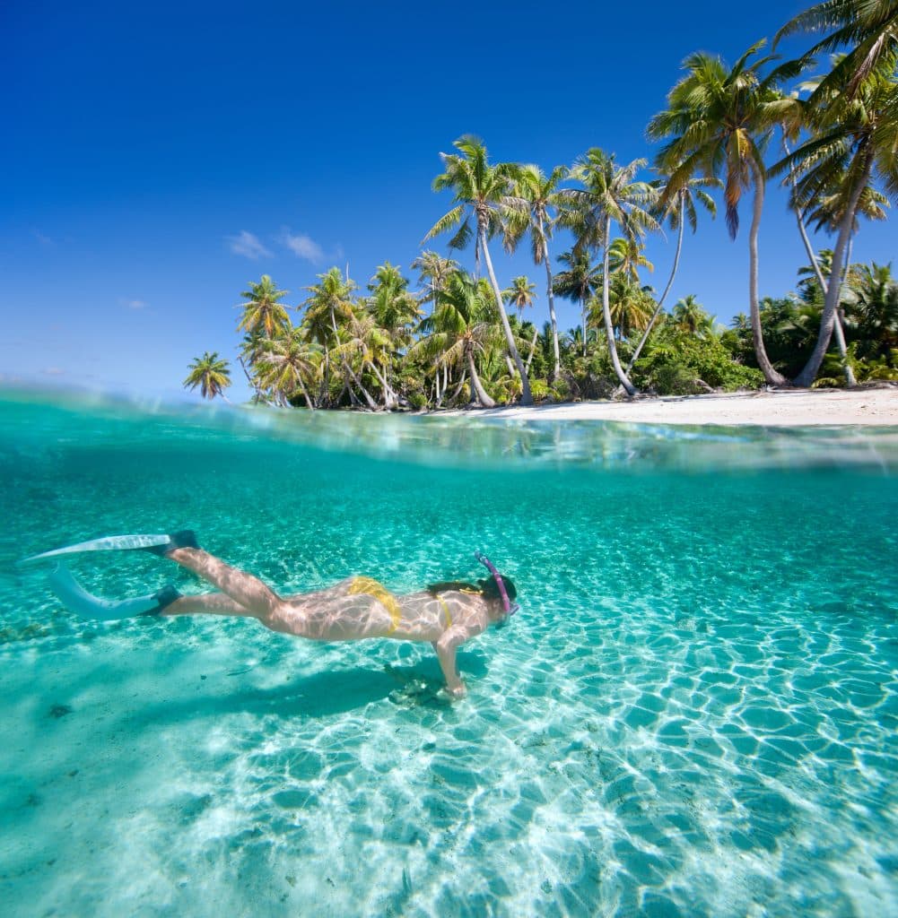 vrouw aan het snorkelen onder water bij een tropisch eiland Vrouw aan het snorkelen onder water bij een tropisch eiland