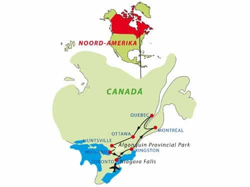 Fly drive canada route kaart Routekaart van rondreis door Oost-Canada