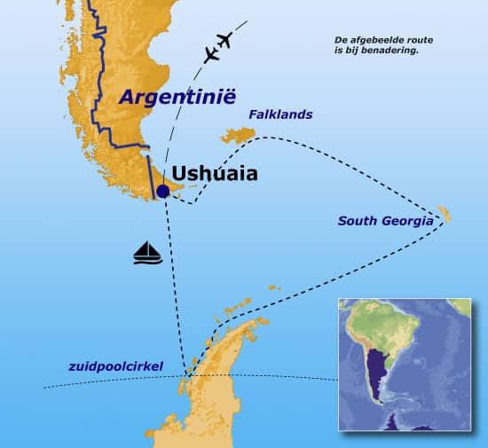 route rondreis antarctica Route van de rondreis langs Antarctica
