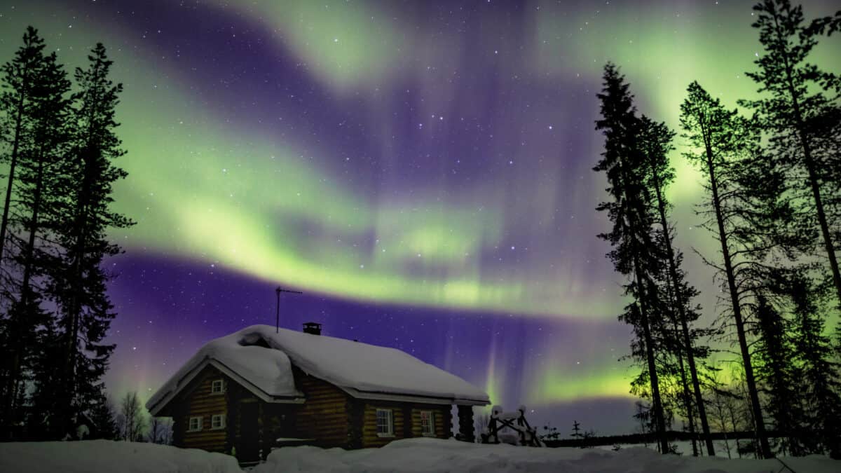 Noorderlicht in de lucht bij een besneeuwd bos en houten huisje