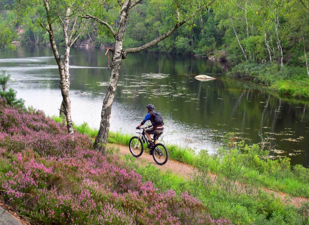 mountainbiker fietst langs waterplas Mountainbiker fietst langs een waterplas
