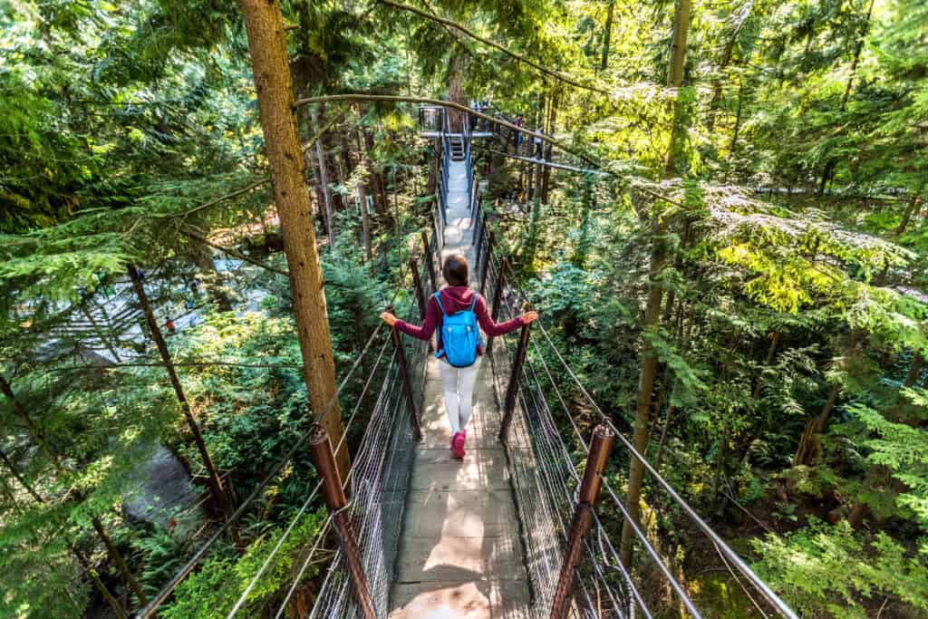 toerist op de capilano suspension bridge in north vancouver british columbia canada Toerist op de Capilano Suspension Bridge in North Vancouver, British Columbia, Canada